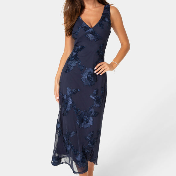Front View-SOUTACHE V-NECK SLEEVELESS MAXI DRESS-NAVY
