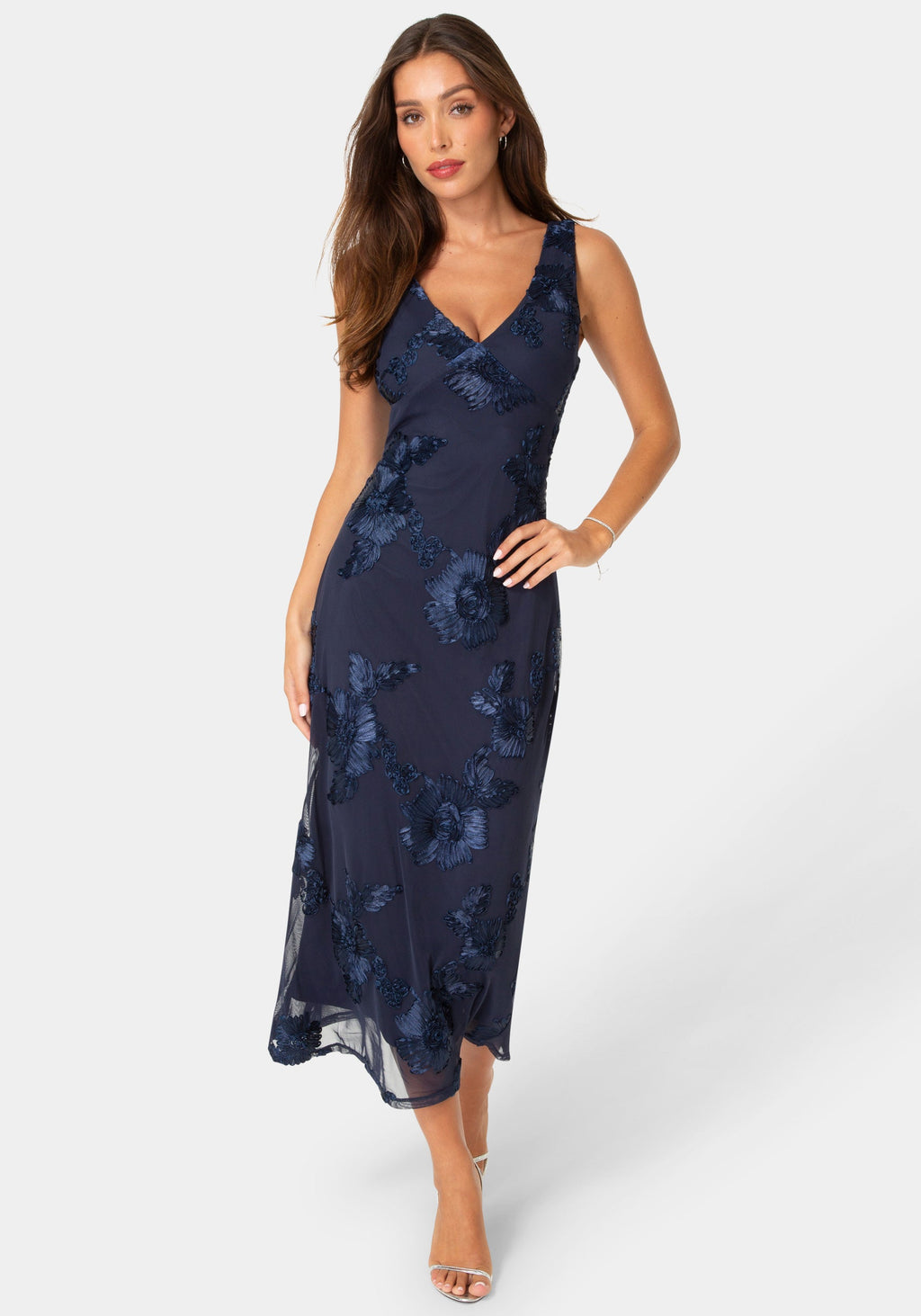Front View-SOUTACHE V-NECK SLEEVELESS MAXI DRESS-NAVY