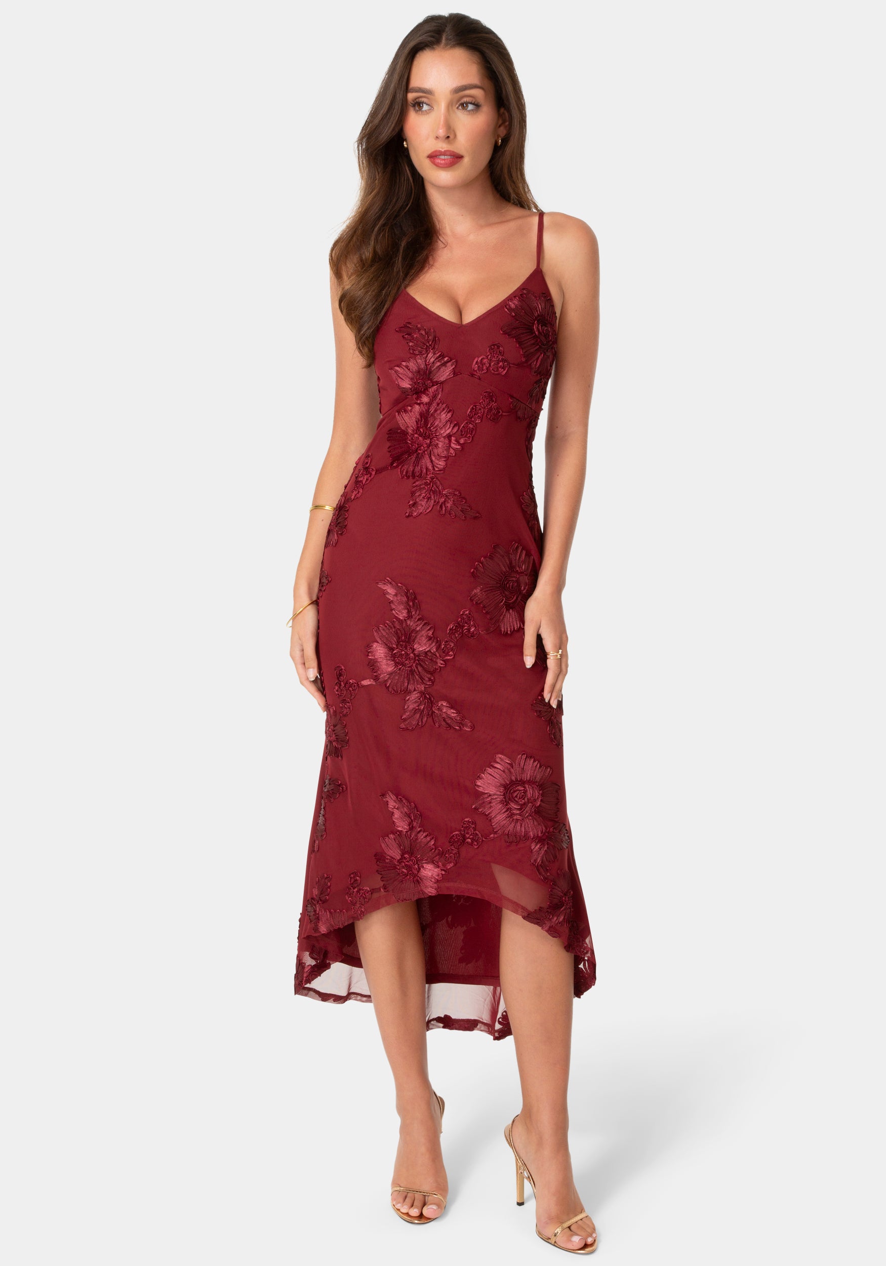 Front View-Soutache V-Neck Maxi Dress-Wine