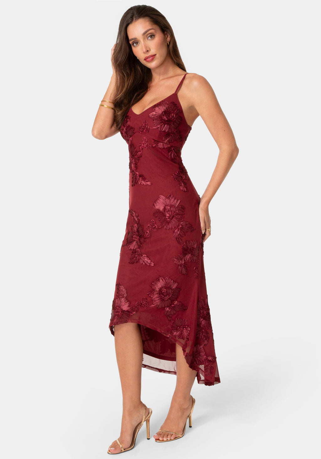 Side View-Soutache V-Neck Maxi Dress-Wine
