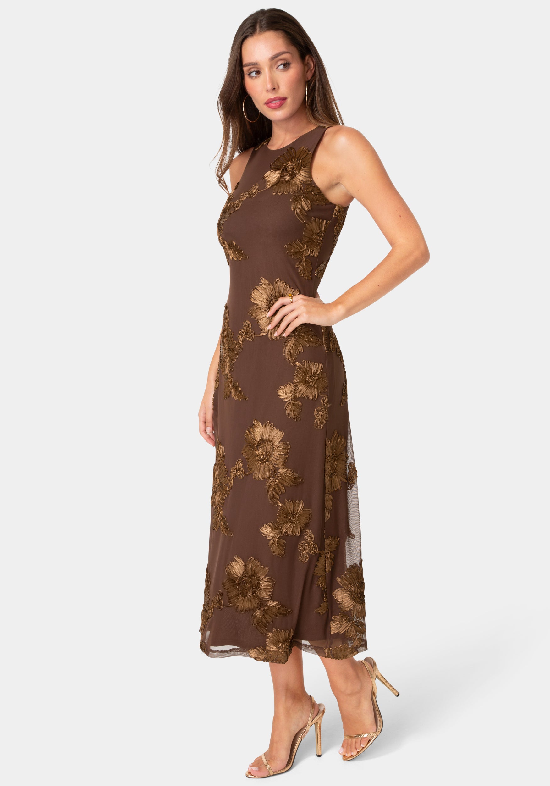 Side View-Soutache Racer Aline Maxi Dress-Chocolate