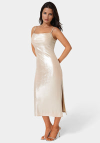 Side View-Foil Metallic Slinky Cowl Maxi Dress-Nude/Silver