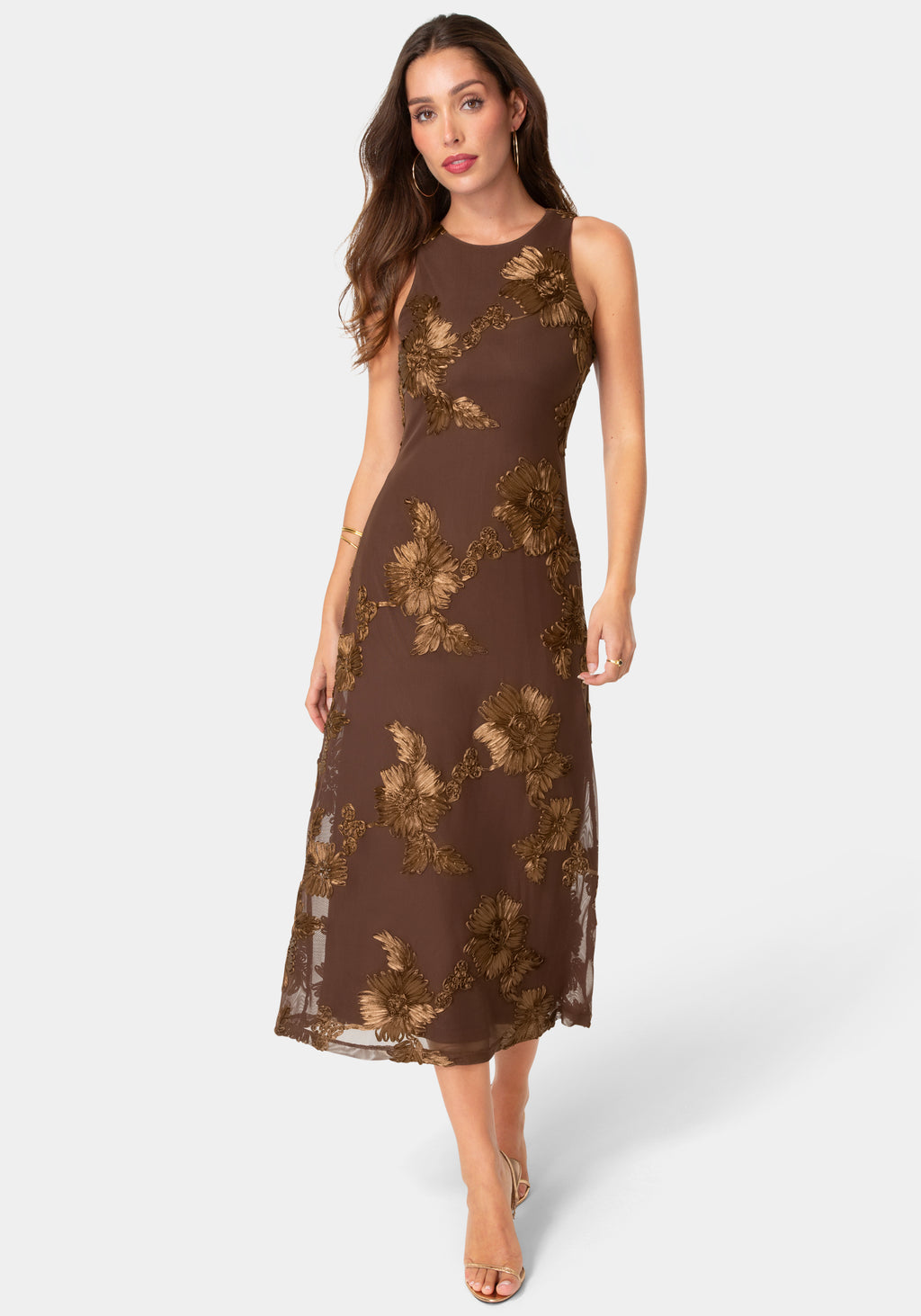 Front View-Soutache Racer Aline Maxi Dress-Chocolate