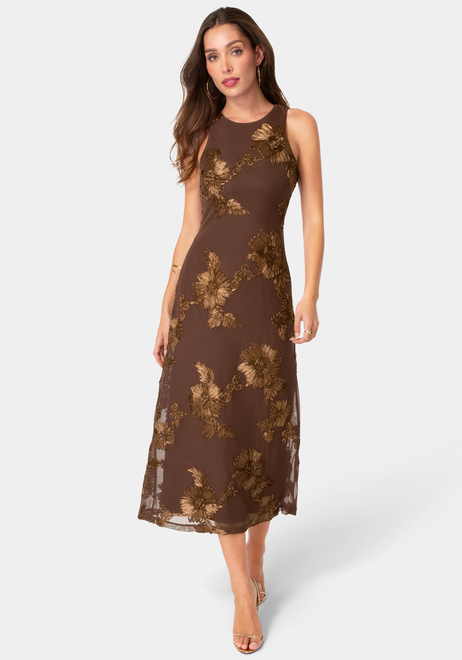 Front View-Soutache Racer Aline Maxi Dress-Chocolate
