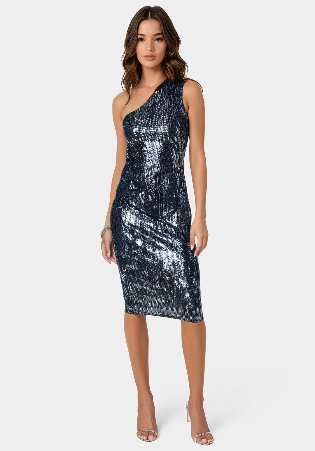Zebra Sequin One Shoulder Midi Dress bebe Zebra Sequin One Shoulder Midi Dress bebe