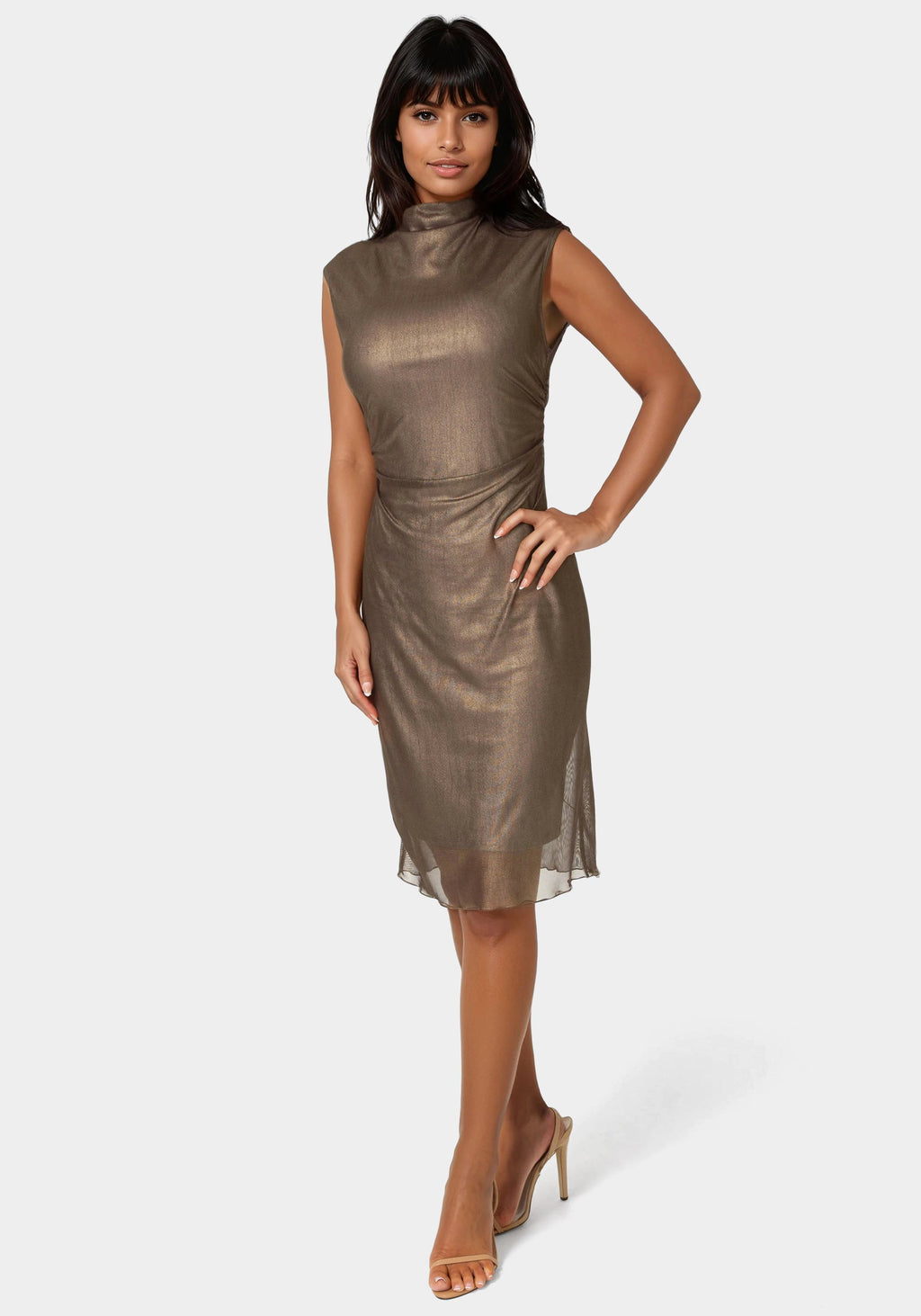 Front View-Foil Mesh Drape Neck Shirred Midi Dress-BRONZE