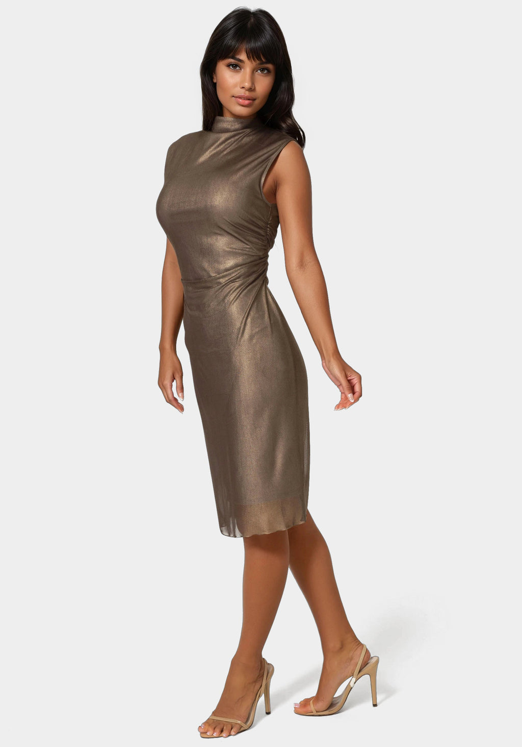 Side View-Foil Mesh Drape Neck Shirred Midi Dress-BRONZE