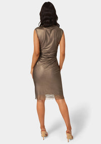 Back View-Foil Mesh Drape Neck Shirred Midi Dress-BRONZE