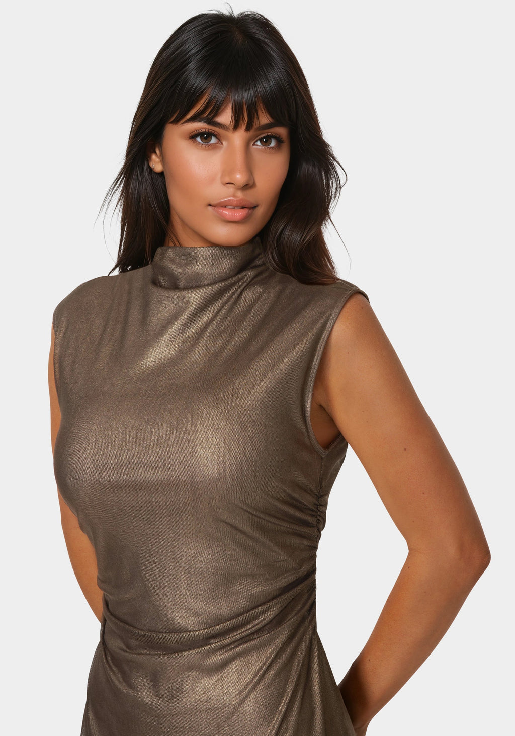 Other View-Foil Mesh Drape Neck Shirred Midi Dress-BRONZE