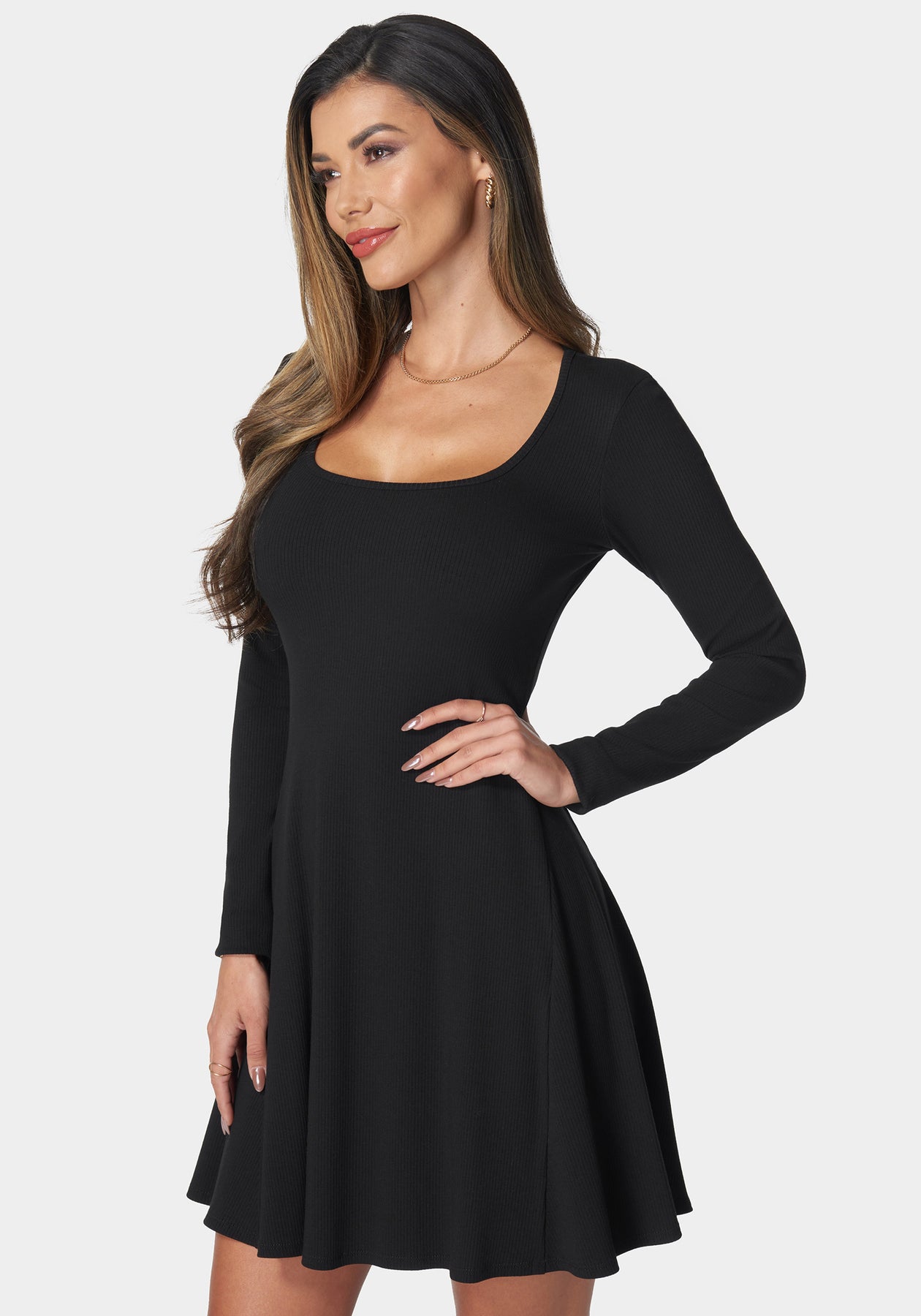 Rib Long Sleeve Godet Dress Black - bebe Rib Long Sleeve Godet Dress Black - bebe