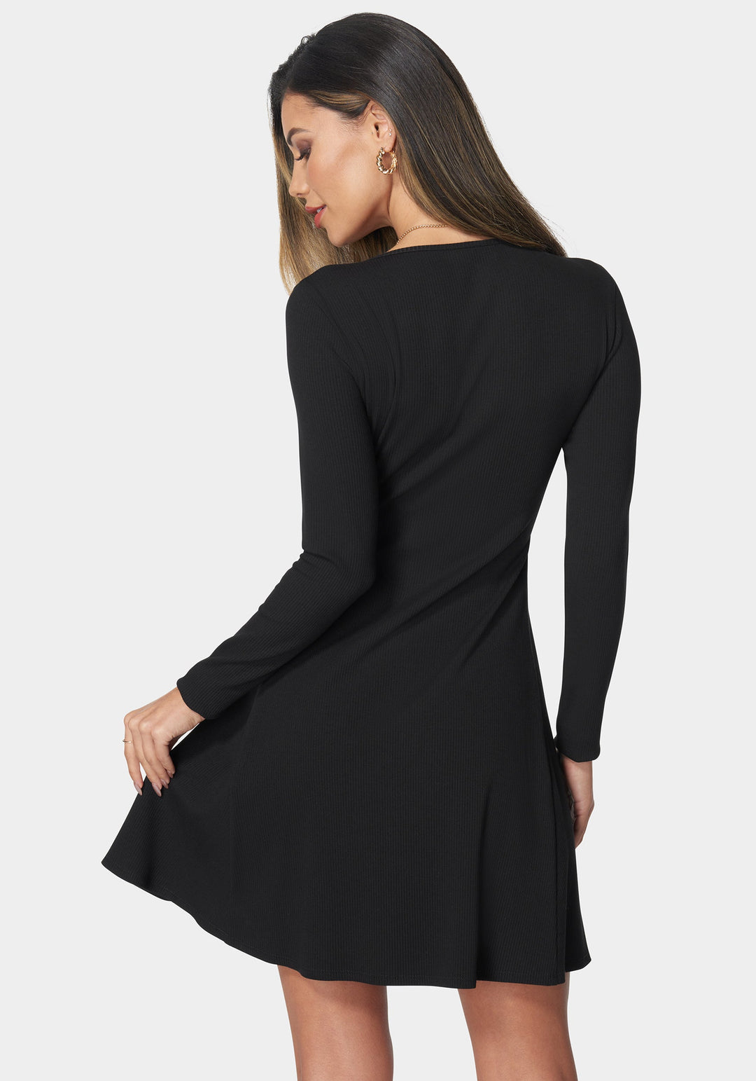 Rib Long Sleeve Godet Dress Black - bebe Rib Long Sleeve Godet Dress Black - bebe