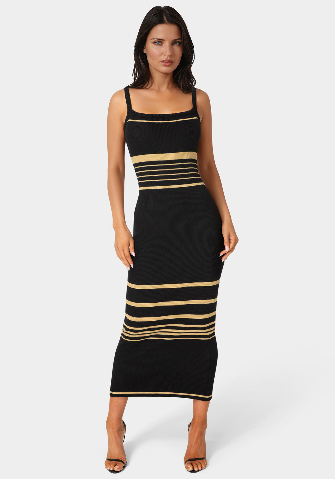 Front View-Illusion Sweater Bodycon Maxi Dress-Black