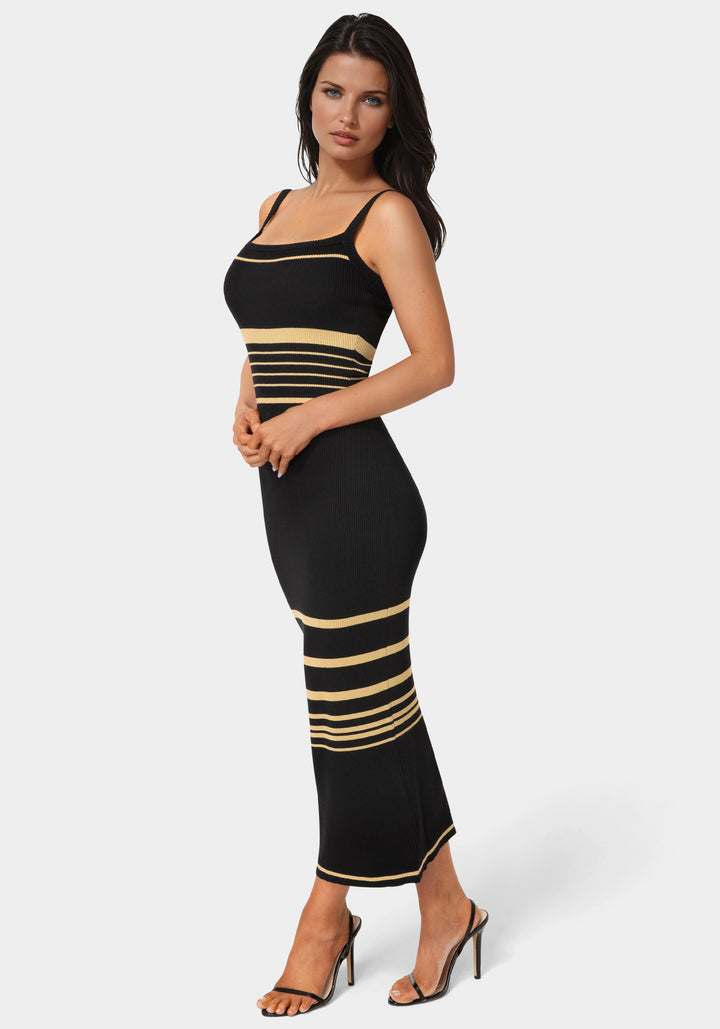 Side View-Illusion Sweater Bodycon Maxi Dress-Black