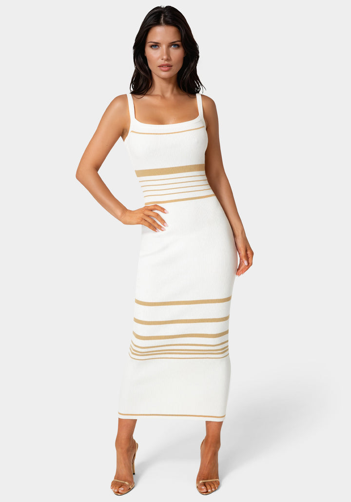 Front View-Illusion Sweater Bodycon Maxi Dress-White