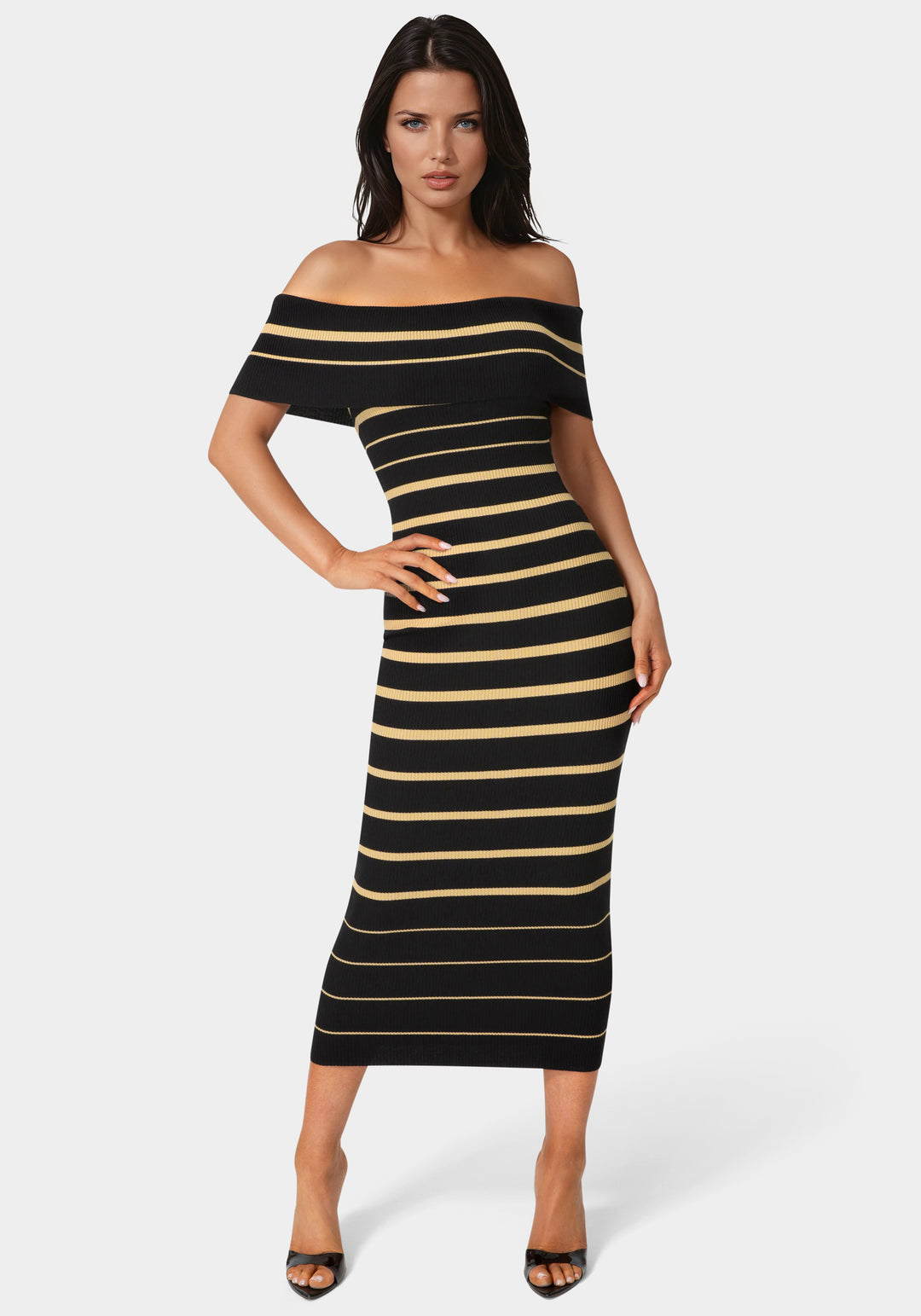 Front View-Stripe Off Shoulder Maxi Dress-Black