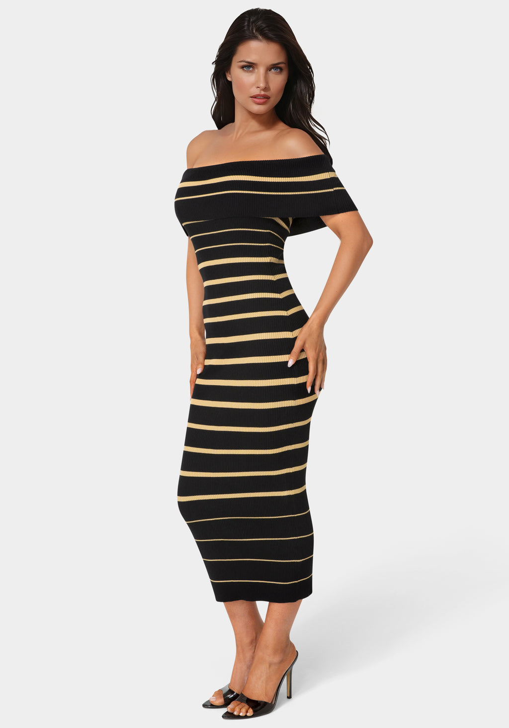Side View-Stripe Off Shoulder Maxi Dress-Black