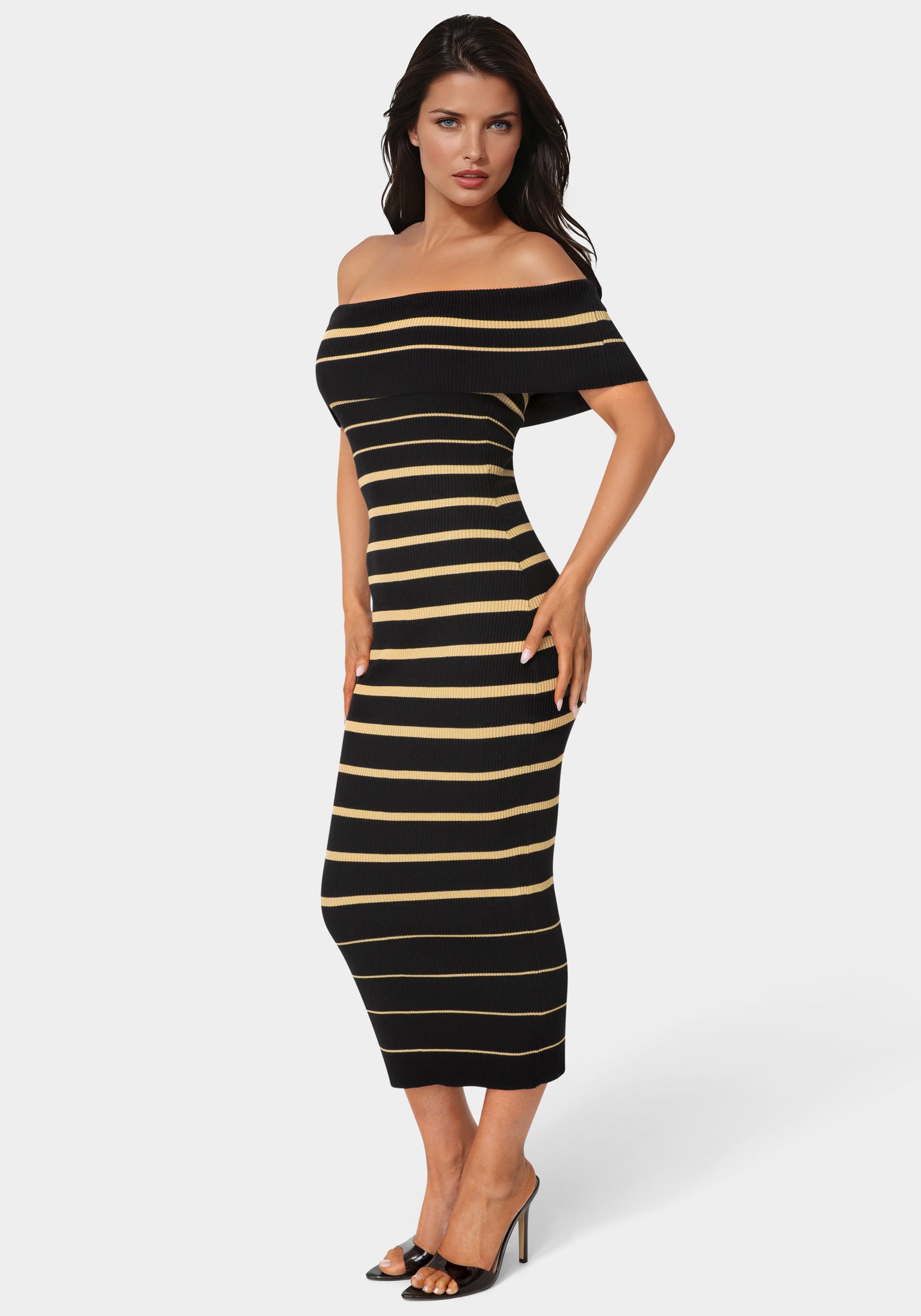 Side View-Stripe Off Shoulder Maxi Dress-Black