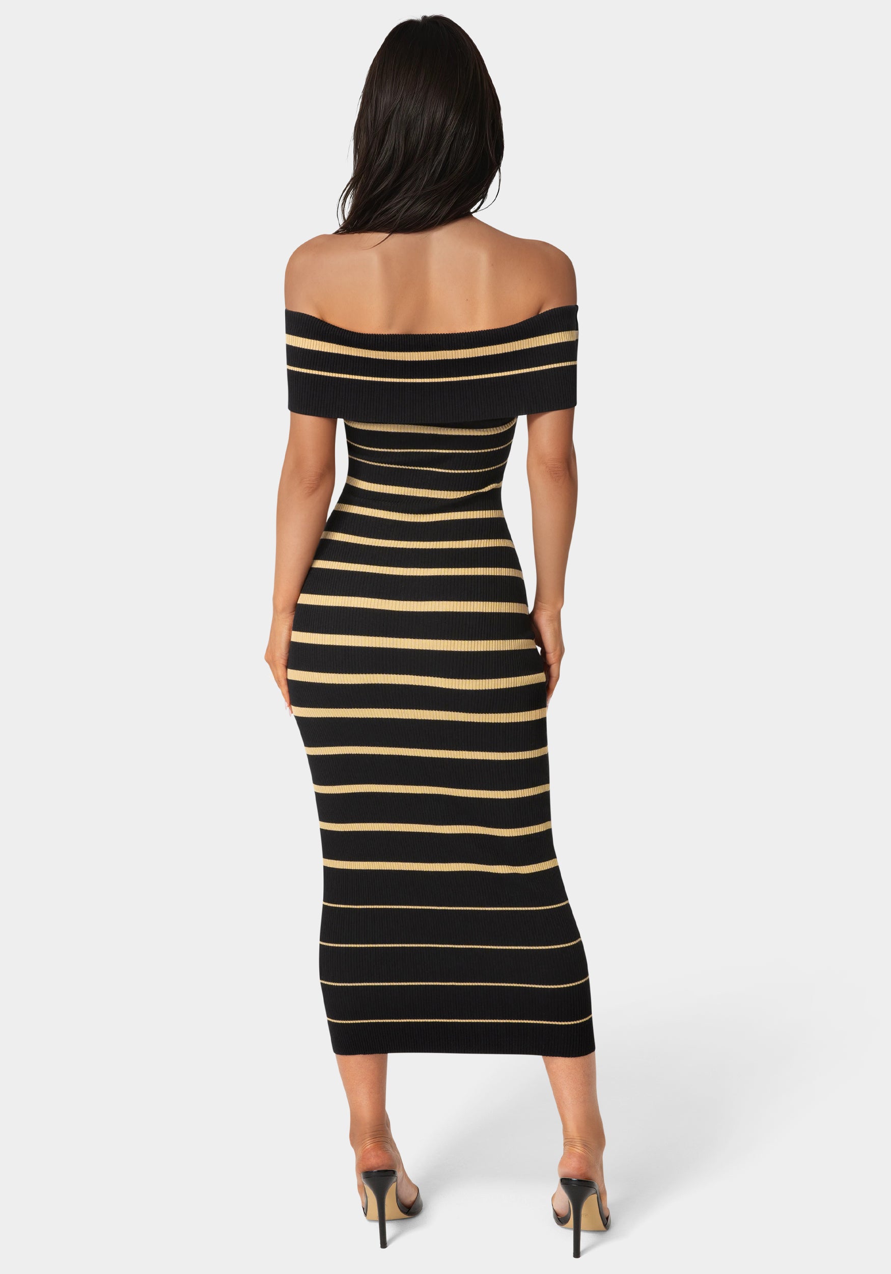 Bebe Women's Stripe Off Shoulder Maxi Dress, Black, Medium