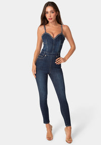 Front View-CHAIN DETAIL FITTED DENIM JUMPSUIT-MIDNIGHT BLUE WASH