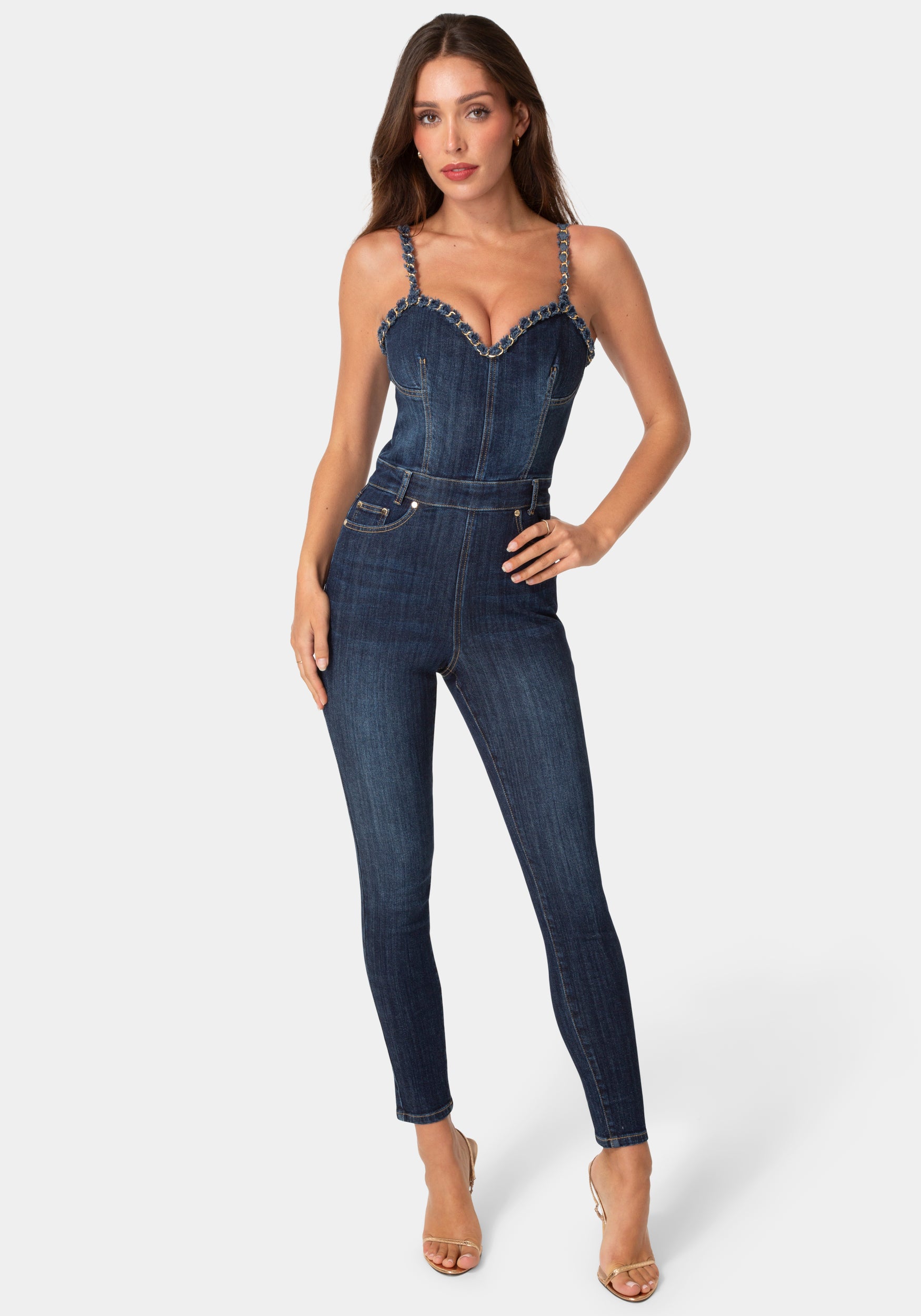 Front View-CHAIN DETAIL FITTED DENIM JUMPSUIT-MIDNIGHT BLUE WASH