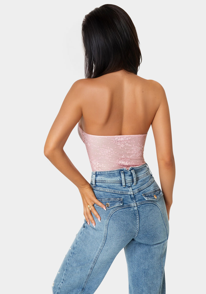 Back View-Chest Bow Halter Lace Bodysuit-Pink Nectar