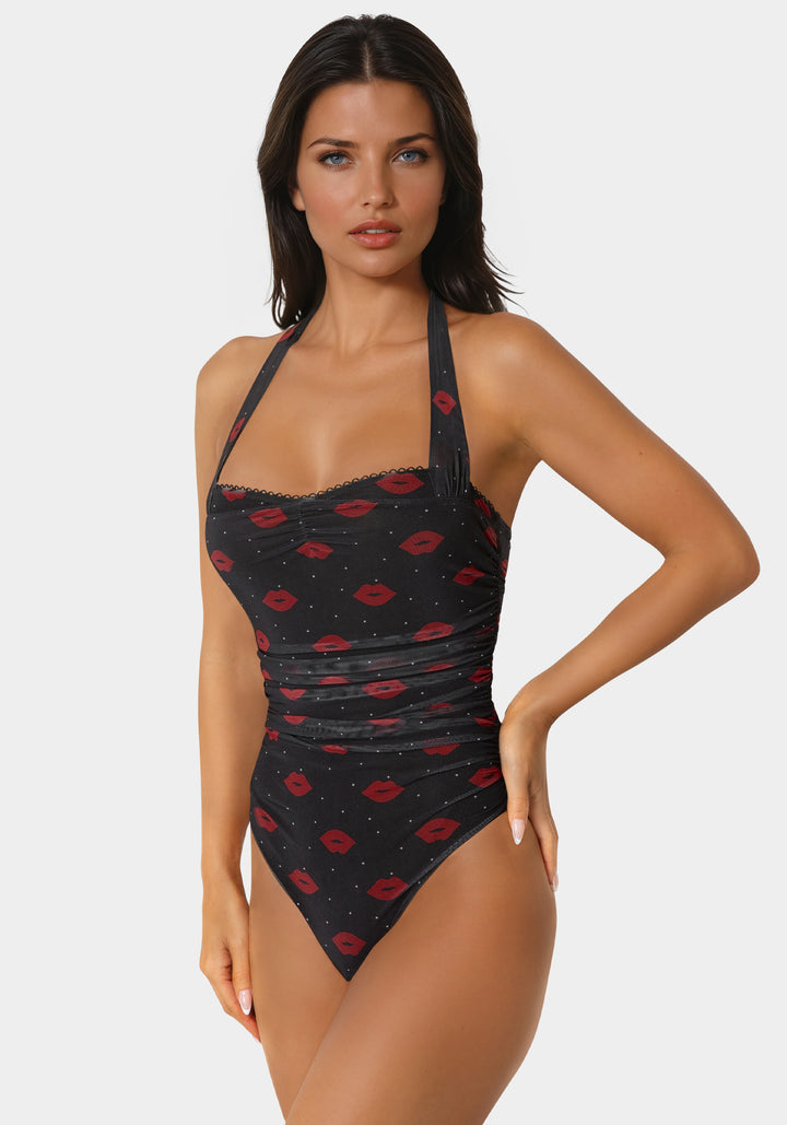 Front View-Halter Neck Bodysuit-Sweet Kisses Print