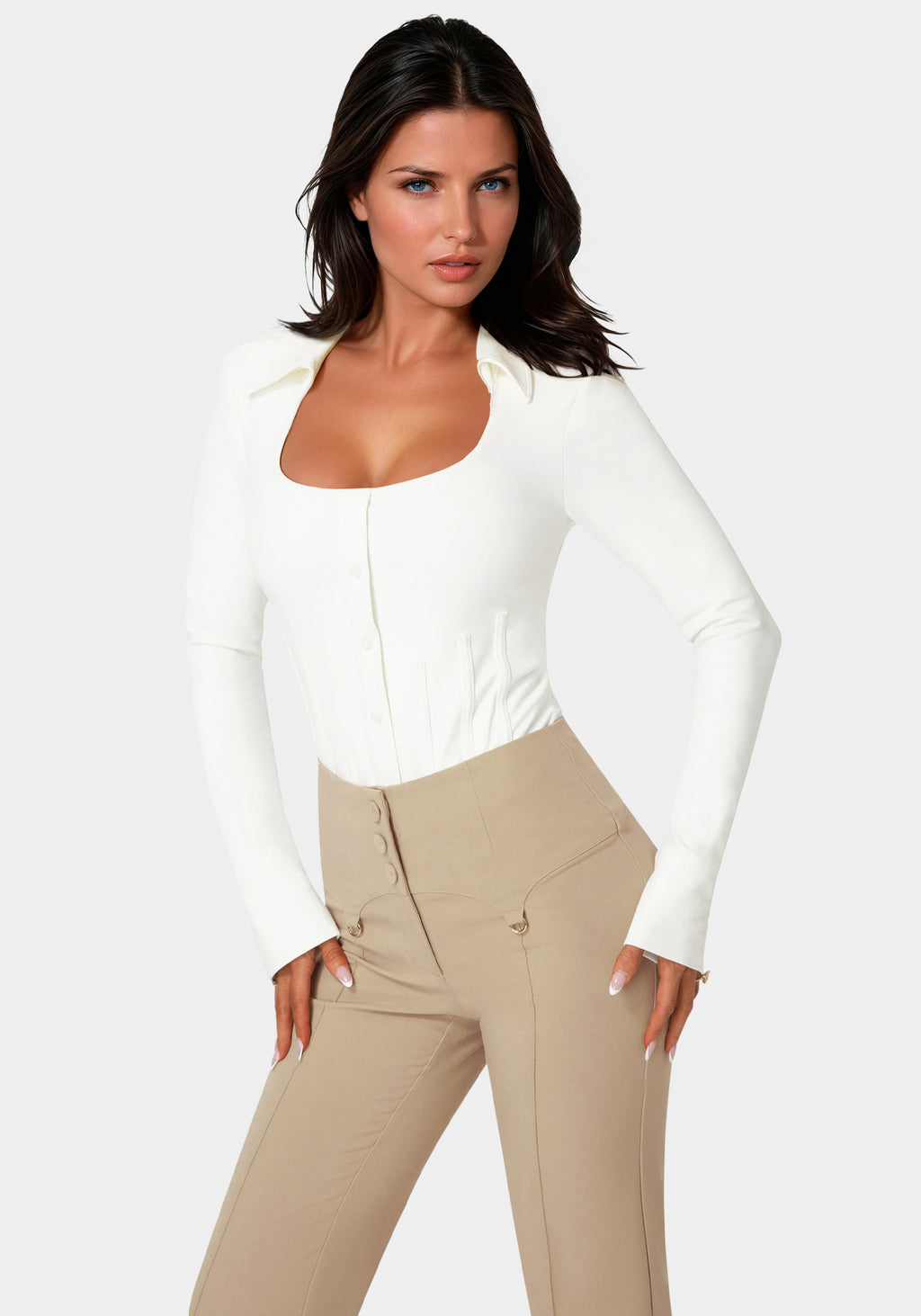 Side View - Corset Shirt Bodysuit - White Alyssum