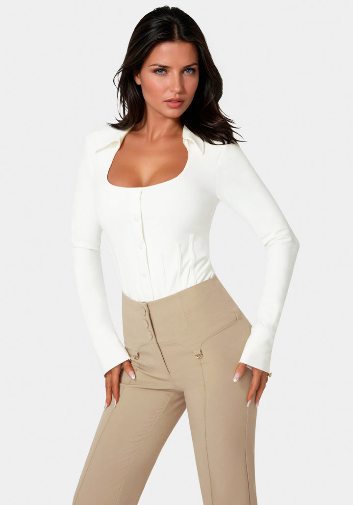 Side View - Corset Shirt Bodysuit - White Alyssum