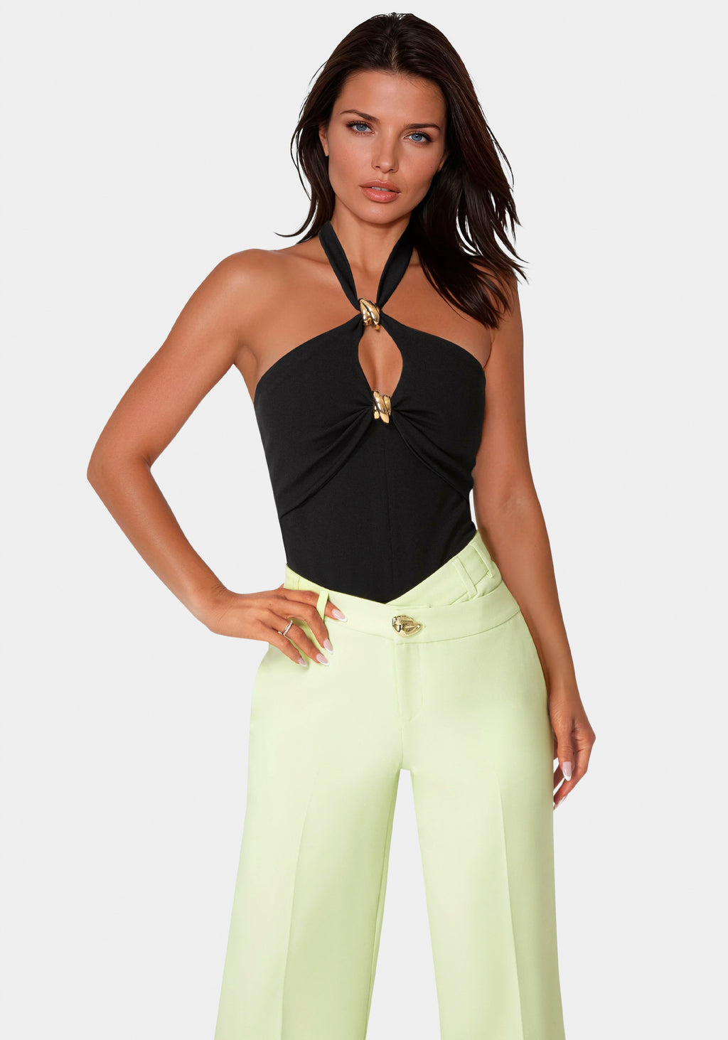 Front view - Halter Neck Bodysuit -BlackBlack