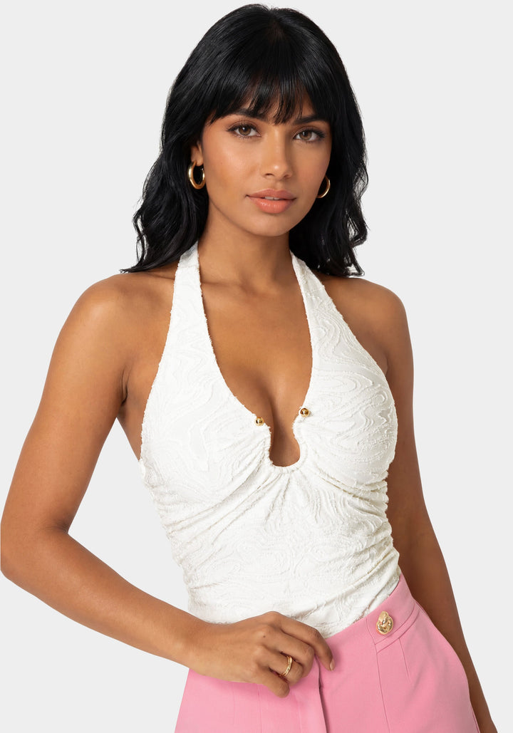 Detail View-Halter Neck Knit Bodysuit-White Alyssum