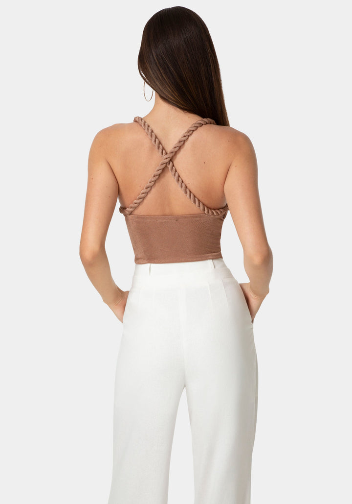 Detail View-Twisted Strap Draped Bodysuit-CHOCO CREAM