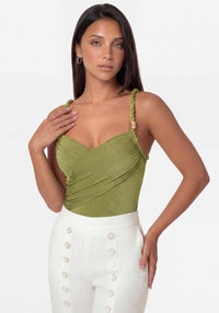 Front View-Twisted Strap Draped Bodysuit-JALAPENO GLOW