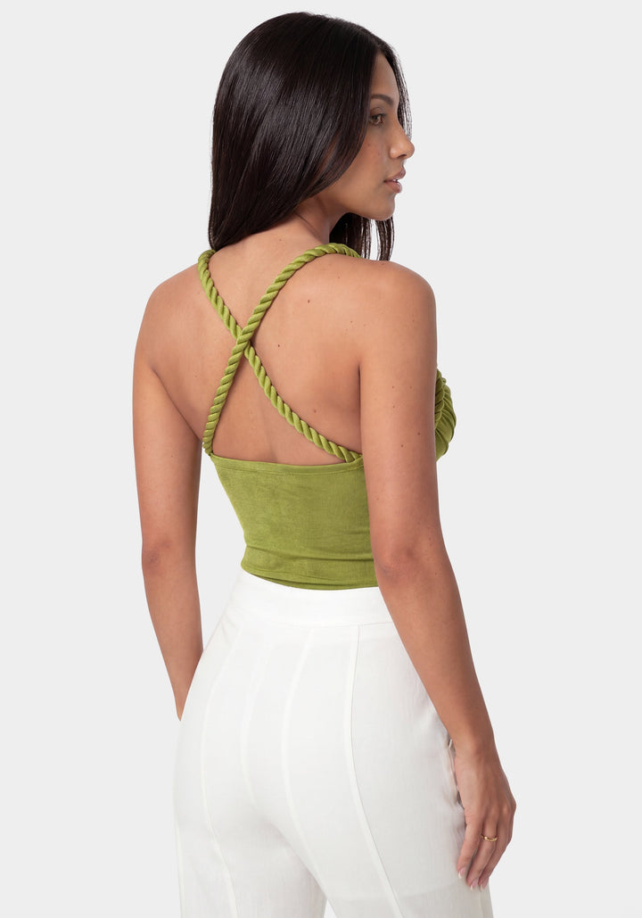 Back View-Twisted Strap Draped Bodysuit-JALAPENO GLOW