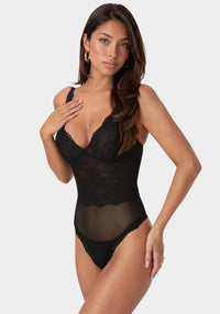Detailed View-Stretch Lace Bodysuit-BLACK