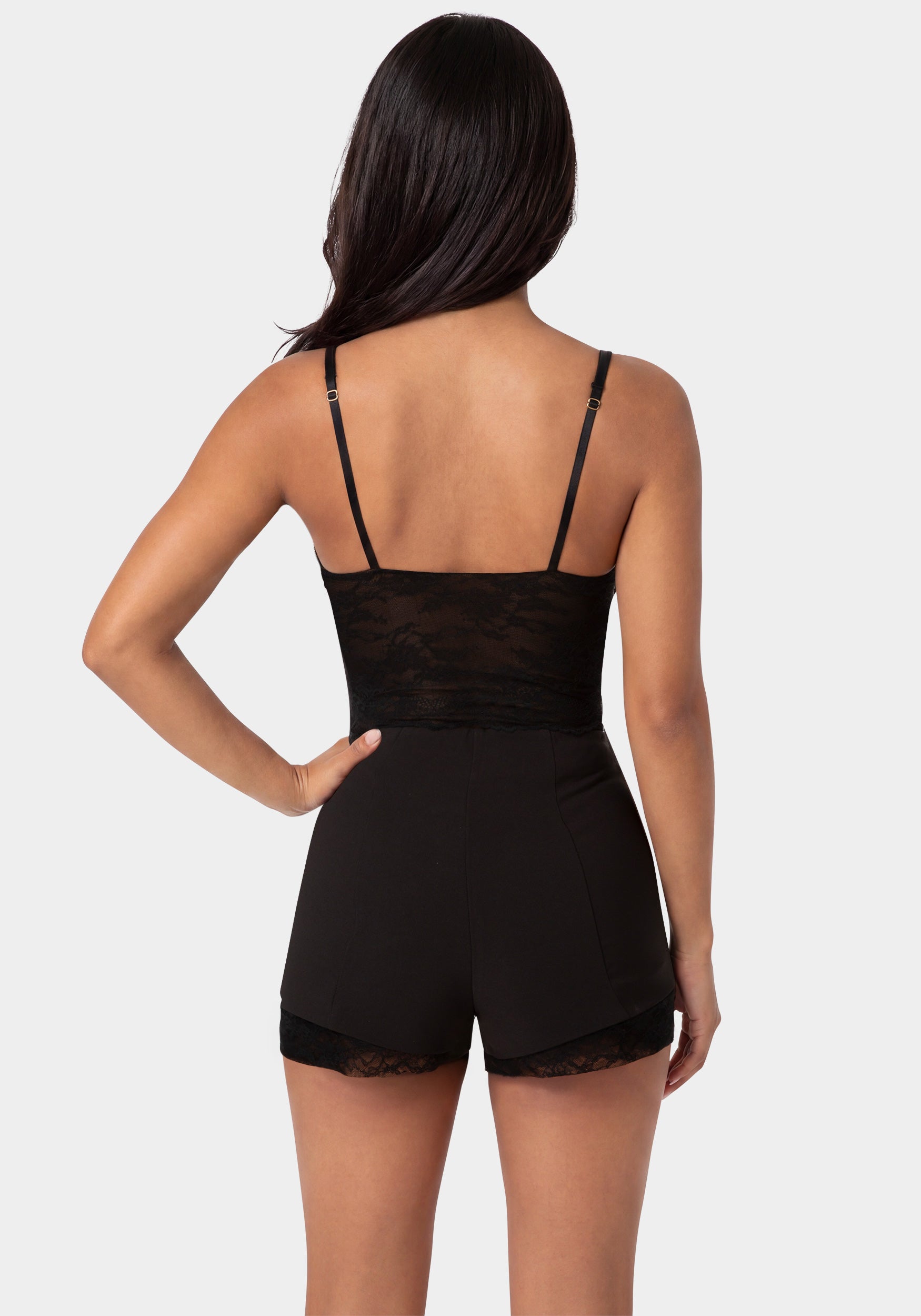Back View-Stretch Lace Bodysuit-BLACK