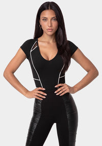 Front View-MOTOR BIKE BODYSUIT-BLACK/ WHITE