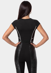Back View-MOTOR BIKE BODYSUIT-BLACK/ WHITE