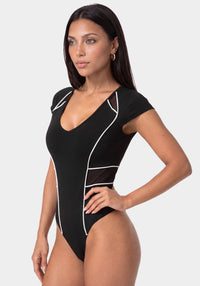 Side View-MOTOR BIKE BODYSUIT-BLACK/ WHITE