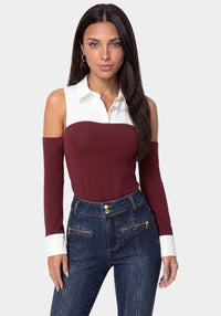 Front View-SHIRTING LOOK BODYSUIT-DARK CHERRY/WHITE