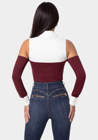 Back View-SHIRTING LOOK BODYSUIT-DARK CHERRY/WHITE