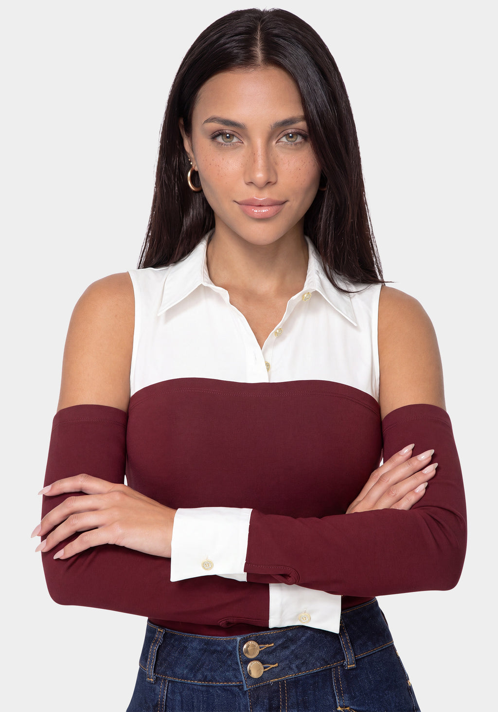 Detail View-SHIRTING LOOK BODYSUIT-DARK CHERRY/WHITE