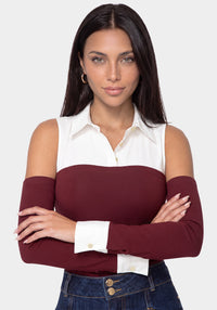 Detail View-SHIRTING LOOK BODYSUIT-DARK CHERRY/WHITE