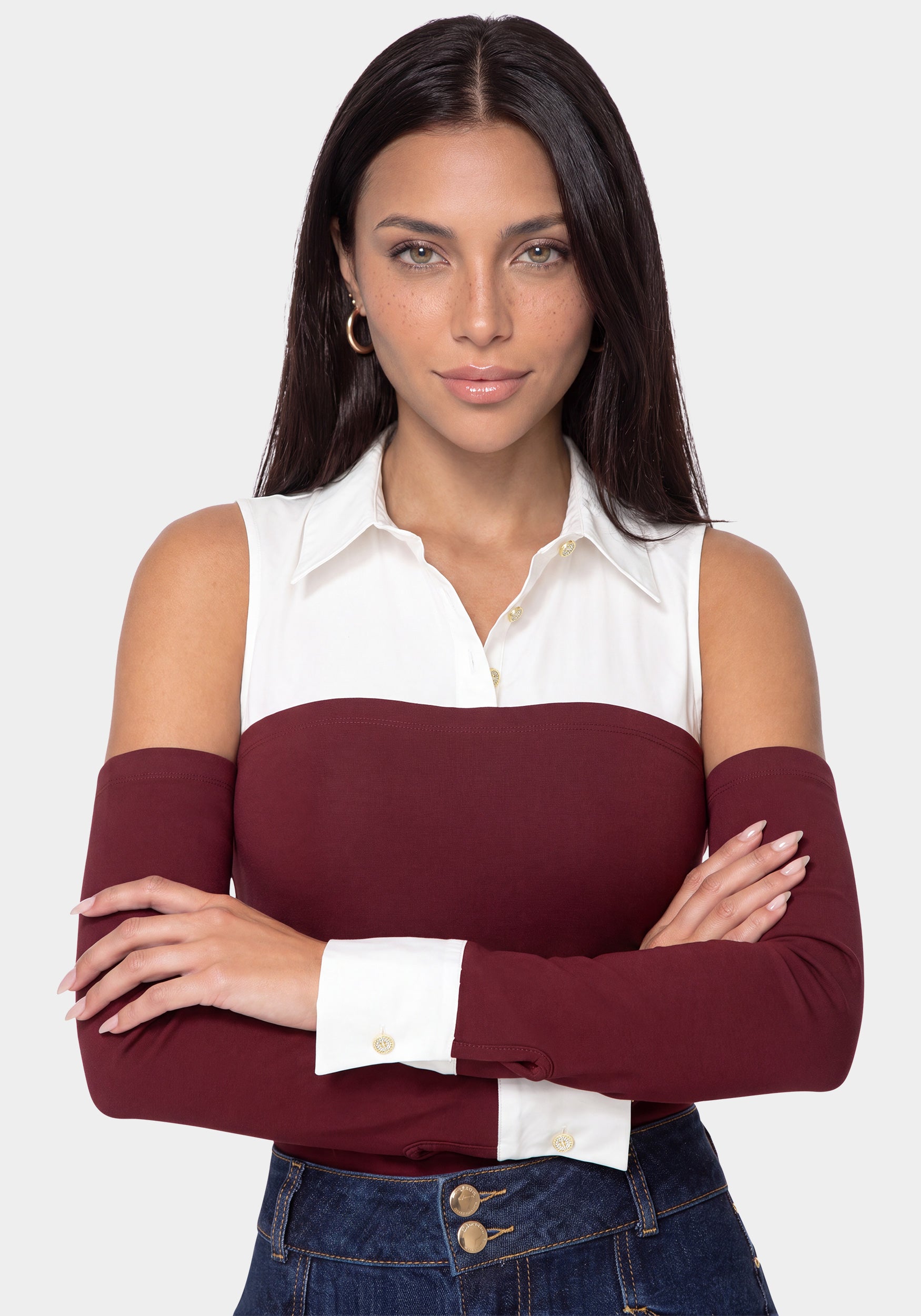 Detail View-SHIRTING LOOK BODYSUIT-DARK CHERRY/WHITE
