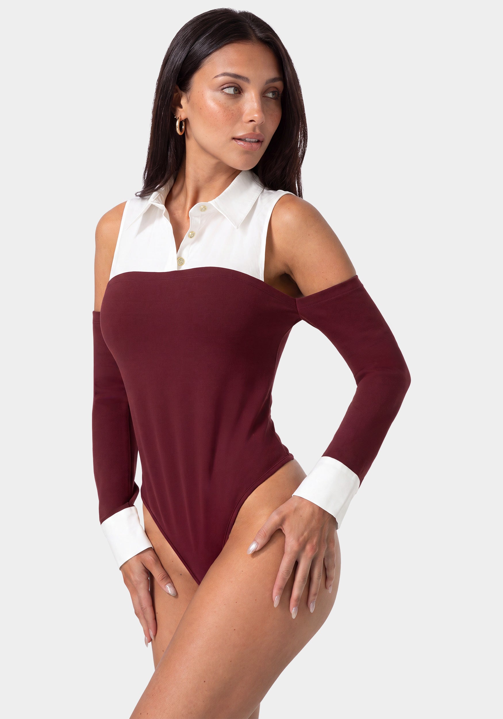 Other View-SHIRTING LOOK BODYSUIT-DARK CHERRY/WHITE