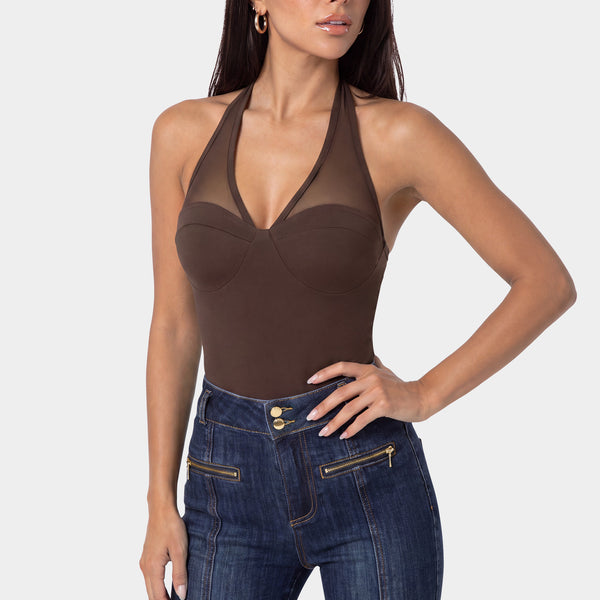 Front View-STRETCH HALTER BODYSUIT-CHOCOLATE MARTINI