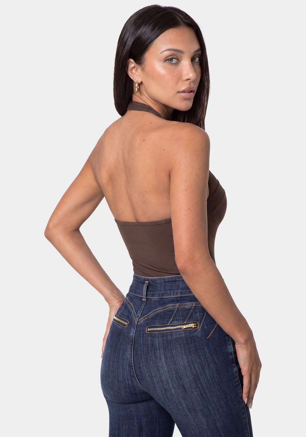 Back View-STRETCH HALTER BODYSUIT-CHOCOLATE MARTINI