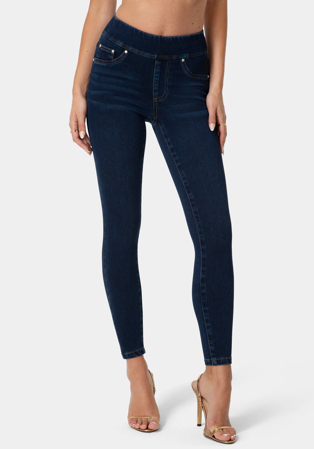 Front View-Natural Waisted Jeggings-MIDNIGHT BLUE WASH
