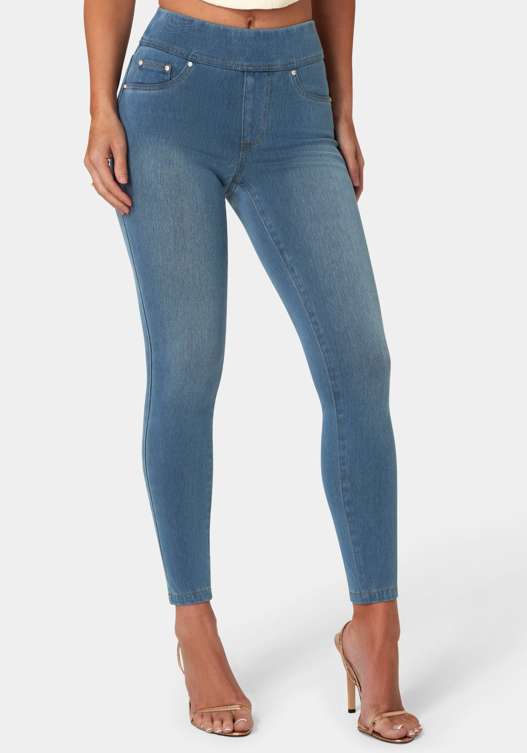 Side View-Back Flap Pocket Jegging-Medium Blue Wash