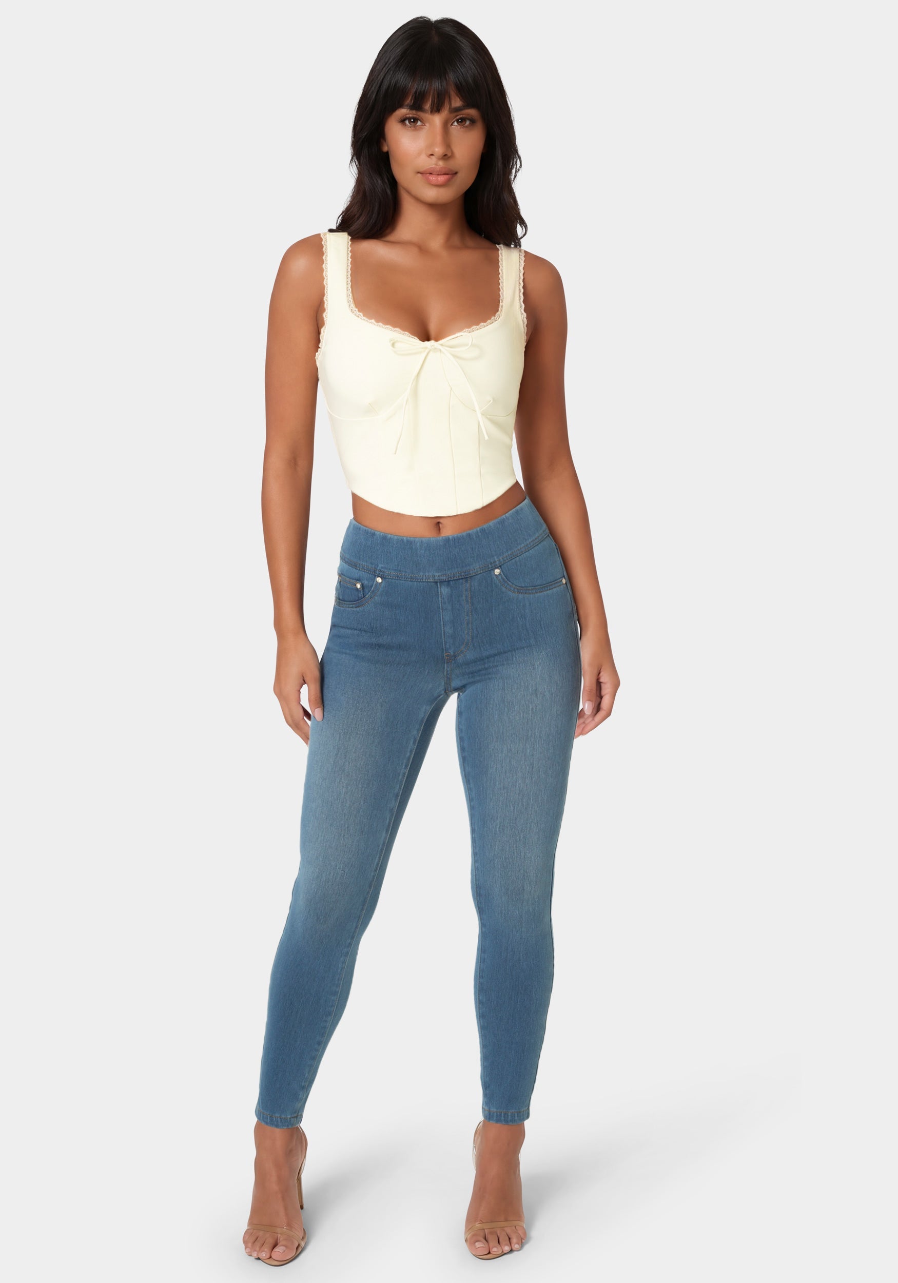 Front View-Back Flap Pocket Jegging-Medium Blue Wash