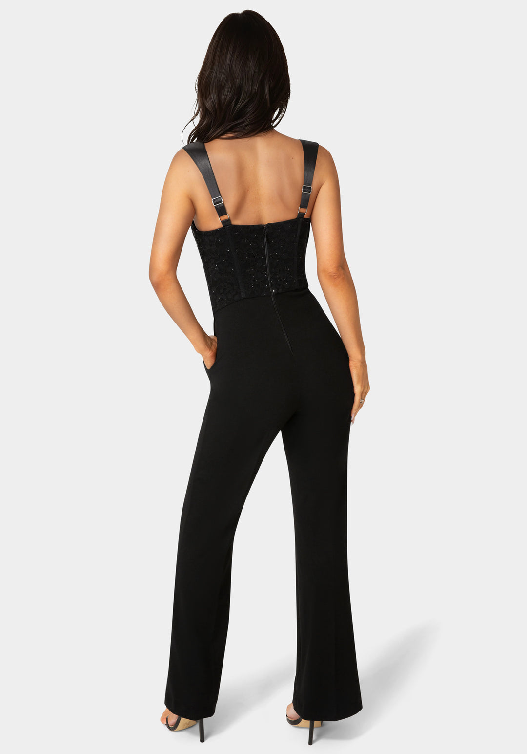 Back View-Palazzo Leg Lace Corset Jumpsuit-Black